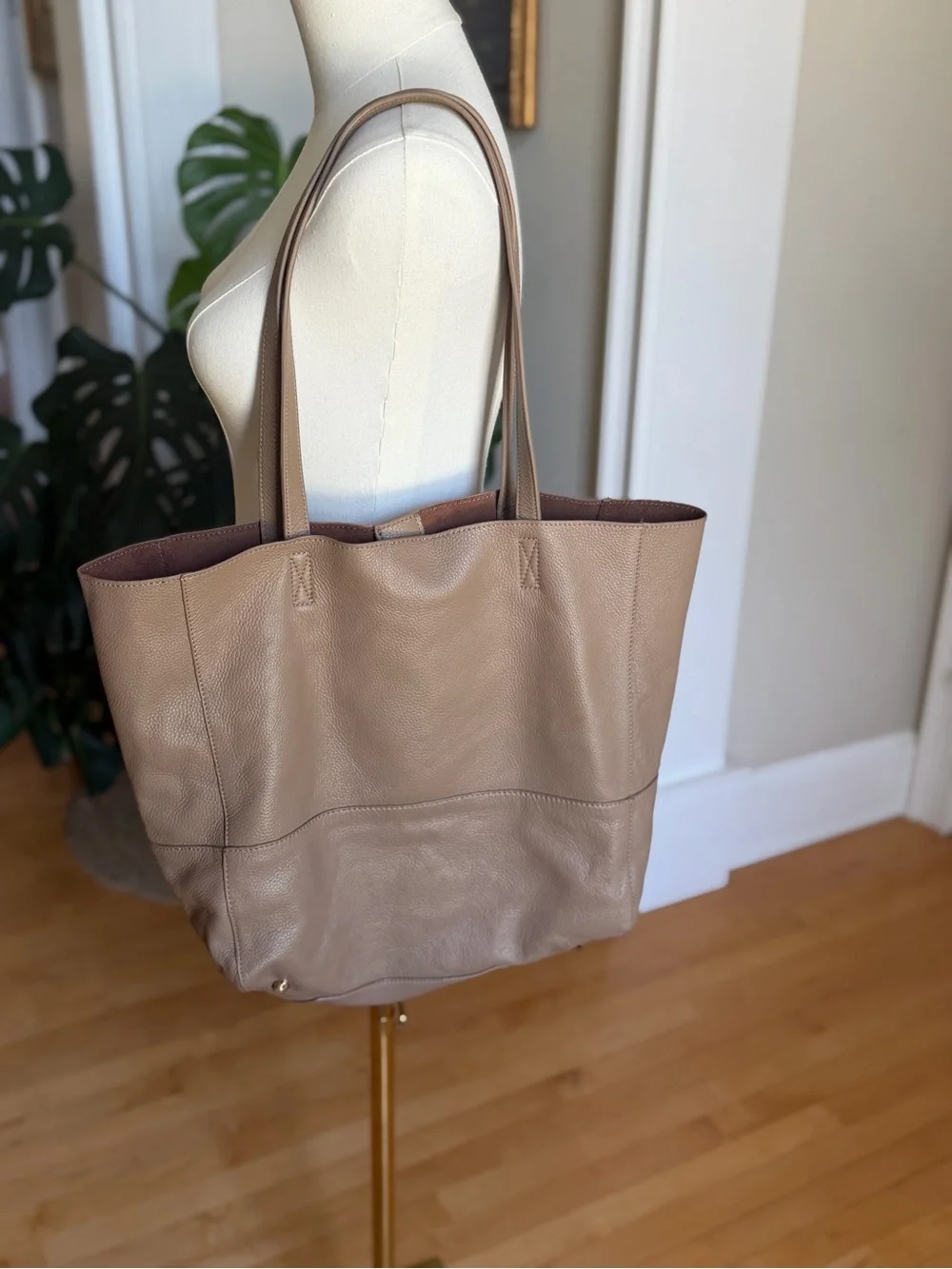 Saks Fifth Avenue Taupe Genuine Leather Oversized Tote Bag